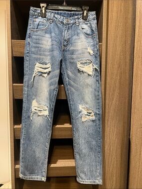 Kidscool Space Girls Distressed Jeans Casual Ripped Style w/Star Fabric Sz 12-13